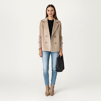 Women's Double Breasted Knit Sleeve Peacoat Jacket with Soft Structured Body Relaxed Wide Lapels
