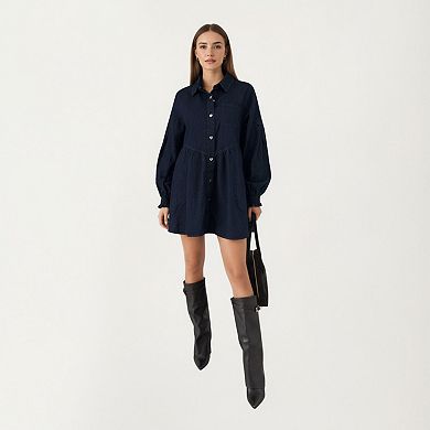 Women's Button Front Denim Shirt Dress with Soft Woven Fabric Balloon Sleeves Front Patch Pockets