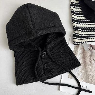 Women's Ribbed Knit Hooded Neck Warmer with Button Closure and Drawstring Design