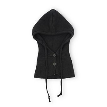 Women's Ribbed Knit Hooded Neck Warmer with Button Closure and Drawstring Design