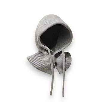 Women's Ribbed Knit Hooded Neck Warmer with Button Closure and Drawstring Design