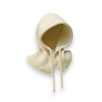 Women's Ribbed Knit Hooded Neck Warmer with Button Closure and Drawstring Design