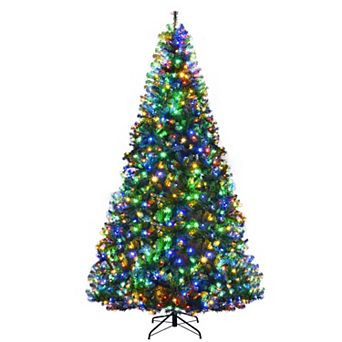 Gymax 5/6/7/8/9FT Pre-Lit Christmas Tree Hinged Artificial Tree w/ Metal Stand LED Lights