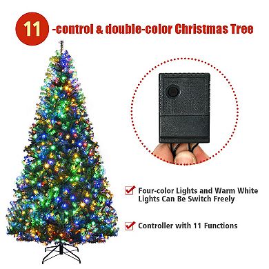 Gymax 5/6/7/8/9FT Pre-Lit Christmas Tree Hinged Artificial Tree w/ Metal Stand LED Lights