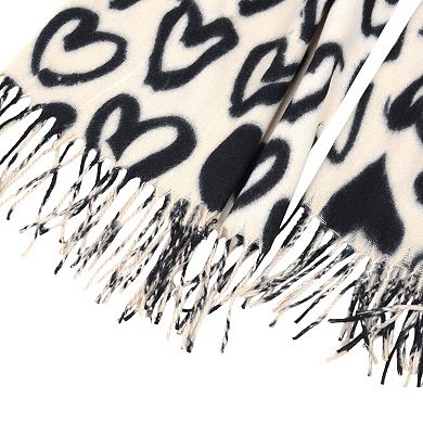 Women's Soft Heart Pattern Brushed Scarf with Fringe Tassel Ends 70.5×27.5 Inches