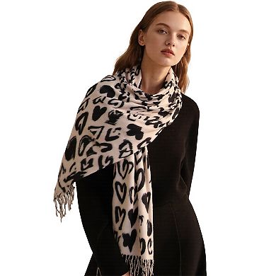 Women's Soft Heart Pattern Brushed Scarf with Fringe Tassel Ends 70.5×27.5 Inches
