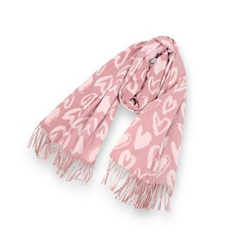 Women's Soft Heart Pattern Brushed Scarf with Fringe Tassel Ends 70.5×27.5 Inches