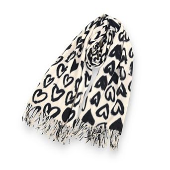 Women's Soft Heart Pattern Brushed Scarf with Fringe Tassel Ends 70.5×27.5 Inches