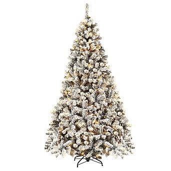 Gymax 6/7.5/9 FT Pre-Lit Christmas Tree Snow Flocked Hinged Pine Tree w/ Metal Stand