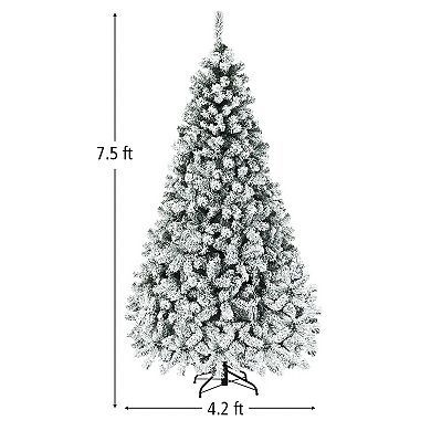 Gymax 6/7.5/9 FT Pre-Lit Christmas Tree Snow Flocked Hinged Pine Tree w/ Metal Stand