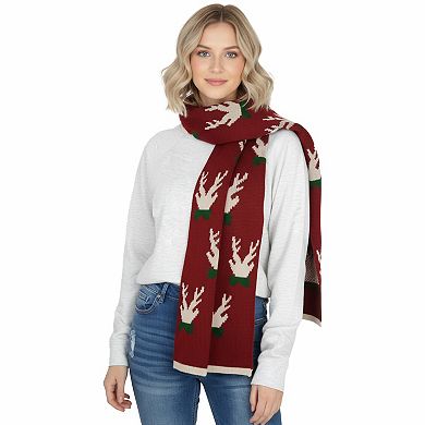Women's Knitted Winter Scarf with Reindeer and Snowflake Holiday Pattern 66×12 Inches