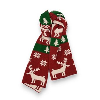 Women's Knitted Winter Scarf with Reindeer and Snowflake Holiday Pattern 66×12 Inches