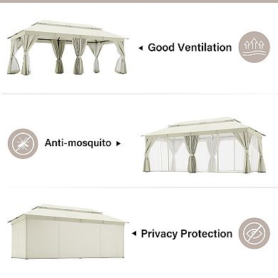 12'x20' Patio Gazebo with Double Roof Mosquito Net Privacy Screens Heavy-Duty Semi-Permanent