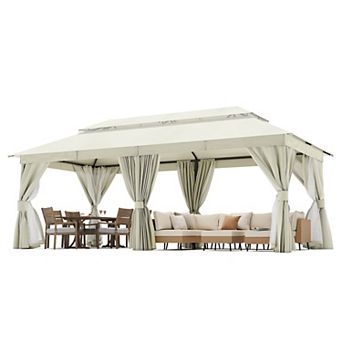 12'x20' Patio Gazebo with Double Roof Mosquito Net Privacy Screens Heavy-Duty Semi-Permanent