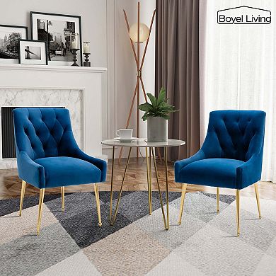 Tufted Velvet Chair with Golden Legs, Pull Handle & Adjustable Feet (Set of 2)