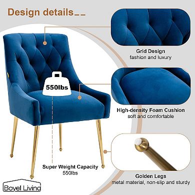 Tufted Velvet Chair with Golden Legs, Pull Handle & Adjustable Feet (Set of 2)