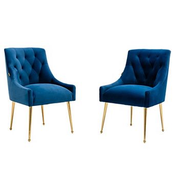 Tufted Velvet Chair with Golden Legs, Pull Handle & Adjustable Feet (Set of 2)