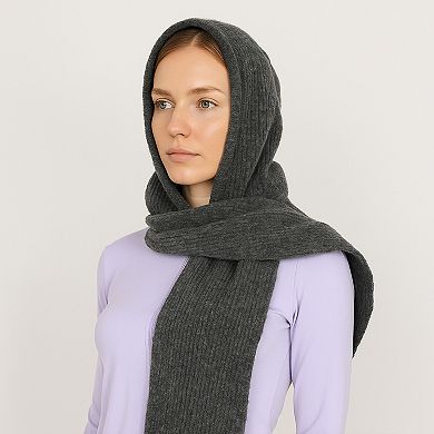 Womens Wool Blend Ribbed Knit Hat with Attached Scarf Warm and Convenient