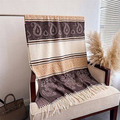 Women's Scarf with Jacquard Geometric and Paisley Pattern Fringe Design 78.5×27.5 Inches