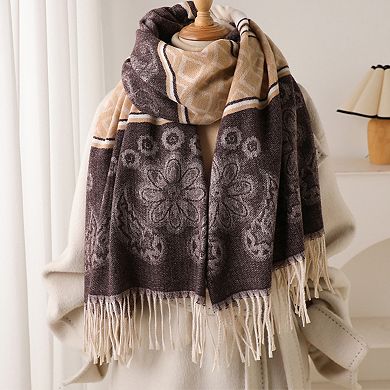 Women's Scarf with Jacquard Geometric and Paisley Pattern Fringe Design 78.5×27.5 Inches