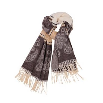 Women's Scarf with Jacquard Geometric and Paisley Pattern Fringe Design 78.5×27.5 Inches