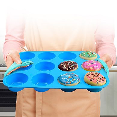 Cheer Collection 3 Pack Platinum Silicone 12 Cup Muffin Pans Nonstick Food Grade Bake Trays