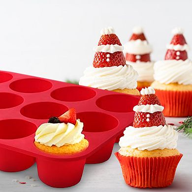 Cheer Collection 3 Pack Platinum Silicone 12 Cup Muffin Pans Nonstick Food Grade Bake Trays