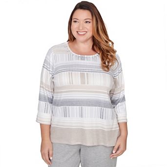 Plus Size Alfred Dunner Geometric Stripe Embellished Crew Neck Top