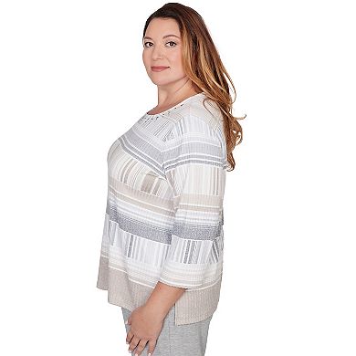 Plus Size Alfred Dunner Geometric Stripe Embellished Crew Neck Top