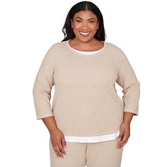 Plus Size Alfred Dunner Embellished Layered Hem Crew Neck Top
