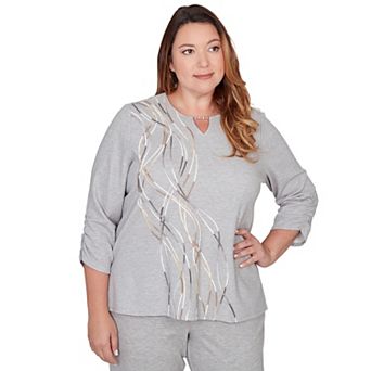 Plus Size Alfred Dunner Metallic Swirl Embroidered Split Neck Top