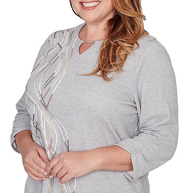 Plus Size Alfred Dunner Metallic Swirl Embroidered Split Neck Top