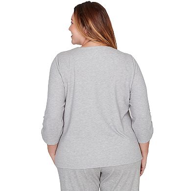 Plus Size Alfred Dunner Metallic Swirl Embroidered Split Neck Top