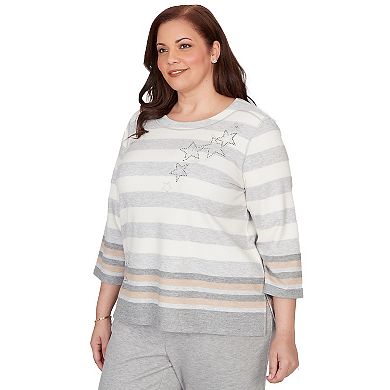 Plus Size Alfred Dunner Star Stripe Embellished Crew Neck Top