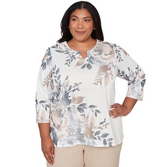 Plus Size Alfred Dunner Asymmetrical Floral Border Crew Neck Top