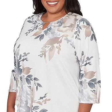 Plus Size Alfred Dunner Asymmetrical Floral Border Crew Neck Top