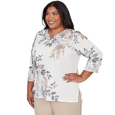 Plus Size Alfred Dunner Asymmetrical Floral Border Crew Neck Top