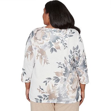 Plus Size Alfred Dunner Asymmetrical Floral Border Crew Neck Top