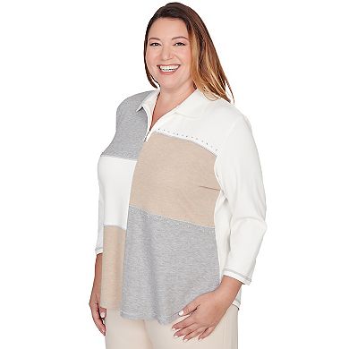 Plus Size Alfred Dunner Colorblock Quarter Zip Patchwork Top