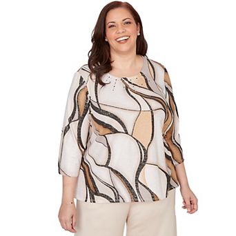 Plus Size Alfred Dunner Abstract Print Pleated Crew Neck Top
