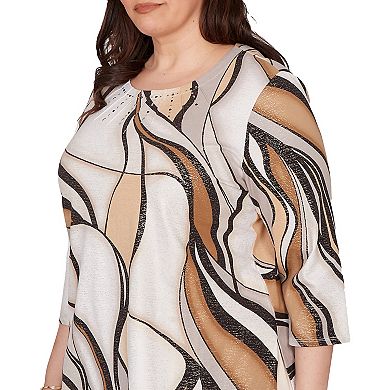 Plus Size Alfred Dunner Abstract Print Pleated Crew Neck Top