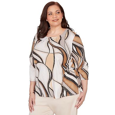 Plus Size Alfred Dunner Abstract Print Pleated Crew Neck Top