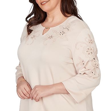 Plus Size Alfred Dunner Floral Embroidered Beaded Split Neck Top