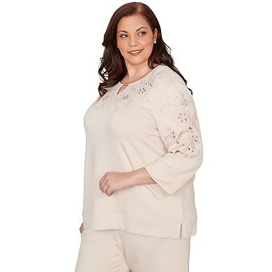 Plus Size Alfred Dunner Floral Embroidered Beaded Split Neck Top