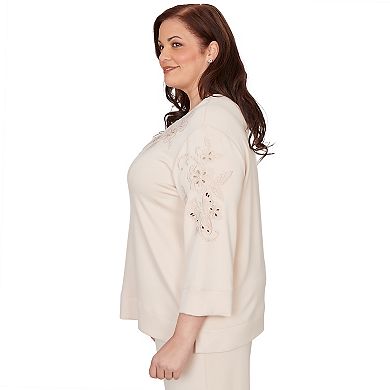 Plus Size Alfred Dunner Floral Embroidered Beaded Split Neck Top