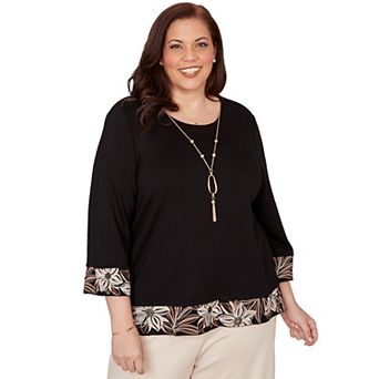 Plus Size Alfred Dunner Bold Floral Border Trim Top with Necklace