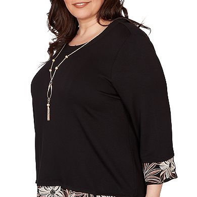 Plus Size Alfred Dunner Bold Floral Border Trim Top with Necklace