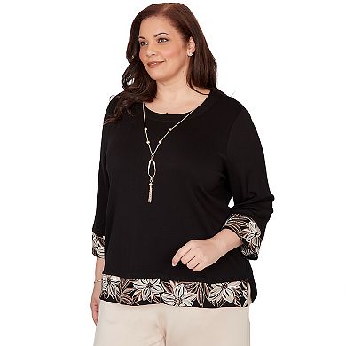Plus Size Alfred Dunner Bold Floral Border Trim Top with Necklace