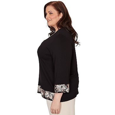 Plus Size Alfred Dunner Bold Floral Border Trim Top with Necklace
