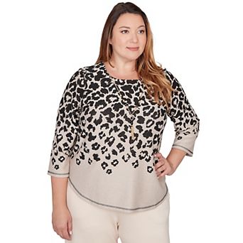 Plus Size Alfred Dunner Animal Print Crew Neck Top with Necklace